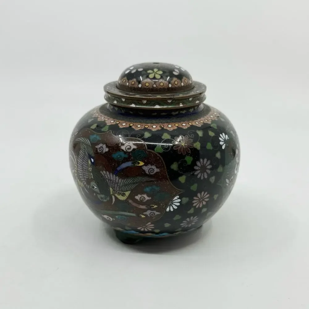 Antique Japanese Cloisonné Enamel Tripod Vessel with Lid